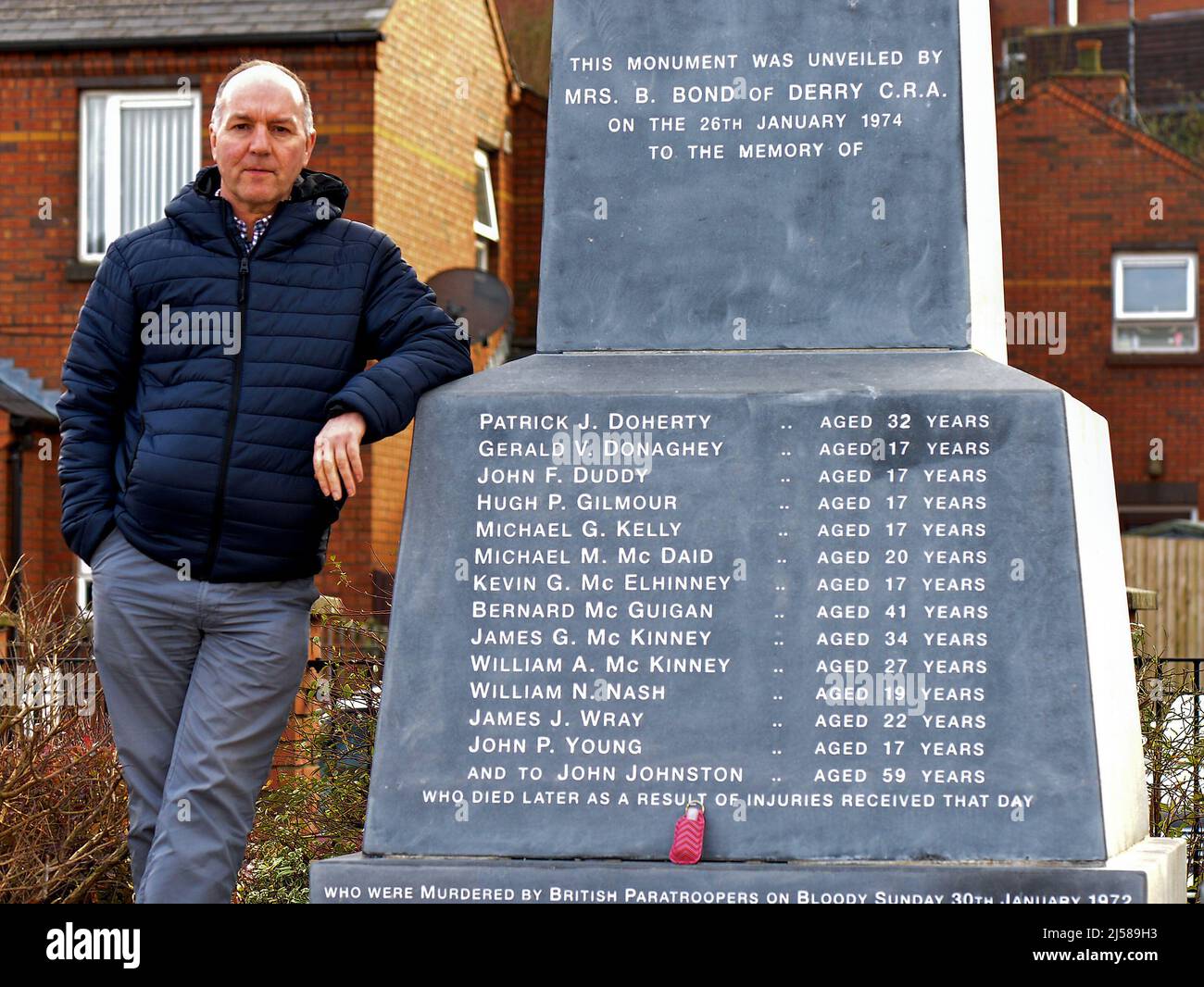 Tony Doherty whose father Patrick was killed, by British Paratroopers, on Bloody Sunday 1972 in Derry, Northern Ireland, pictured at the Bloody Sunday memorial. ©George Sweeney / Alamy Stock Photo Stock Photo