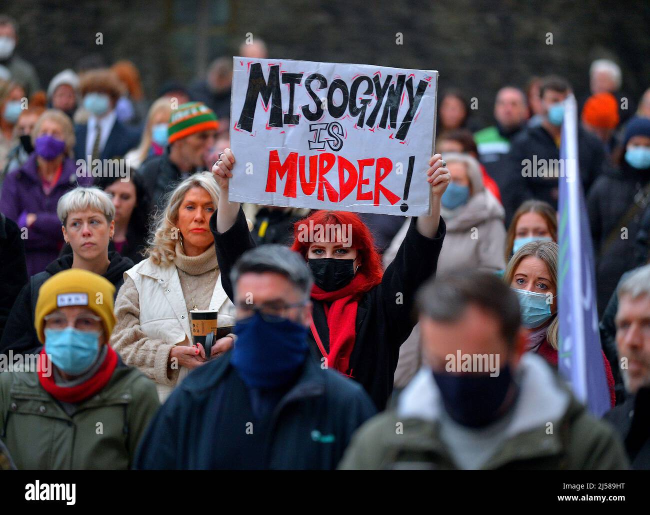 Woman holding placard at a vigil in Derry Londonderry Northern Ireland for Ashling Murphy a school teacher who was murdered in Tullamore, Ireland on 12 January 2022.  ©George Sweeney / Alamy Stock Photo Stock Photo