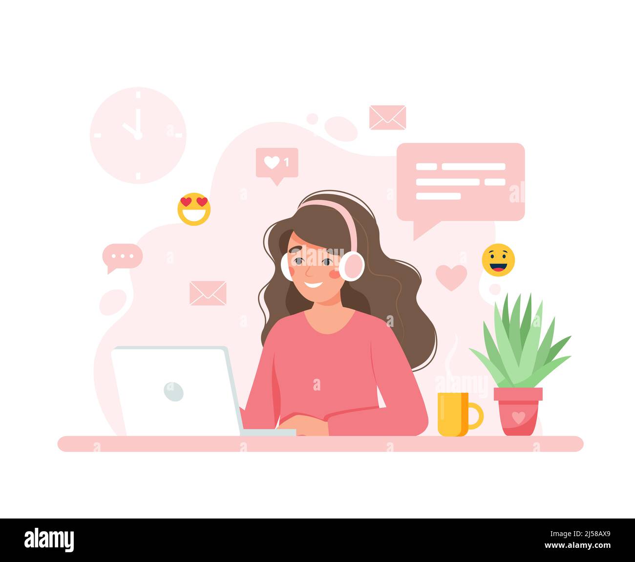 Woman working with computer, home office, student or freelancer. Customer  service, call center and support. Cute concept vector illustration in flat  Stock Vector Image & Art - Alamy
