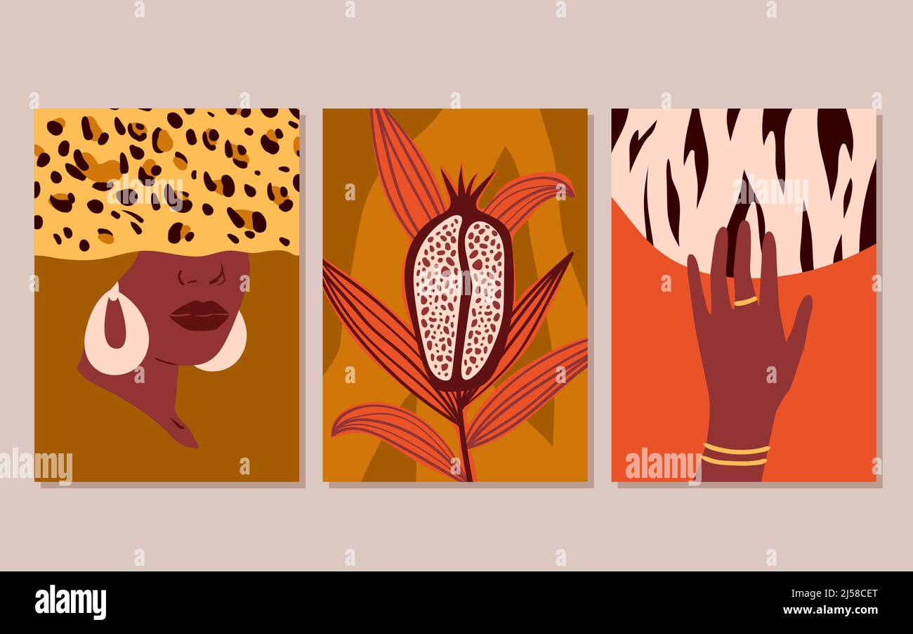 African boho minimalist posters set, abstract contemporary wallpaper design templates Stock Vector