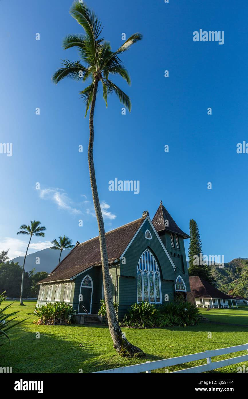 The historic Wai'oli Hui'ia Church in Hanalei, Kauai, Hawaii, was built in 1912 to replace an earlier building and is the oldest church building on Ka Stock Photo