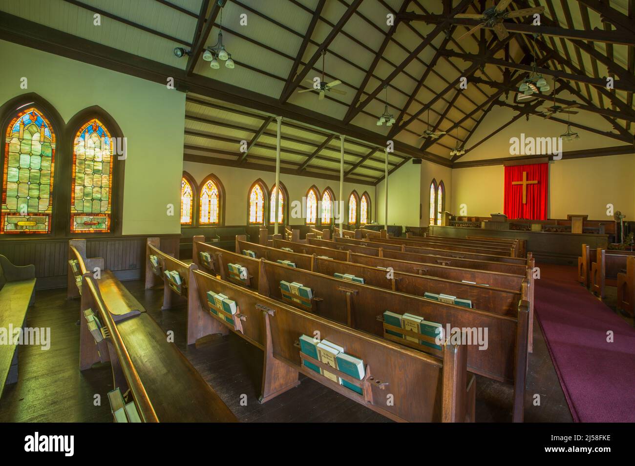 The interior of the historic Wai'oli Hui'ia Church in Hanalei, Kauai, Hawaii, built in 1912 to replace an earlier building and is the oldest church bu Stock Photo
