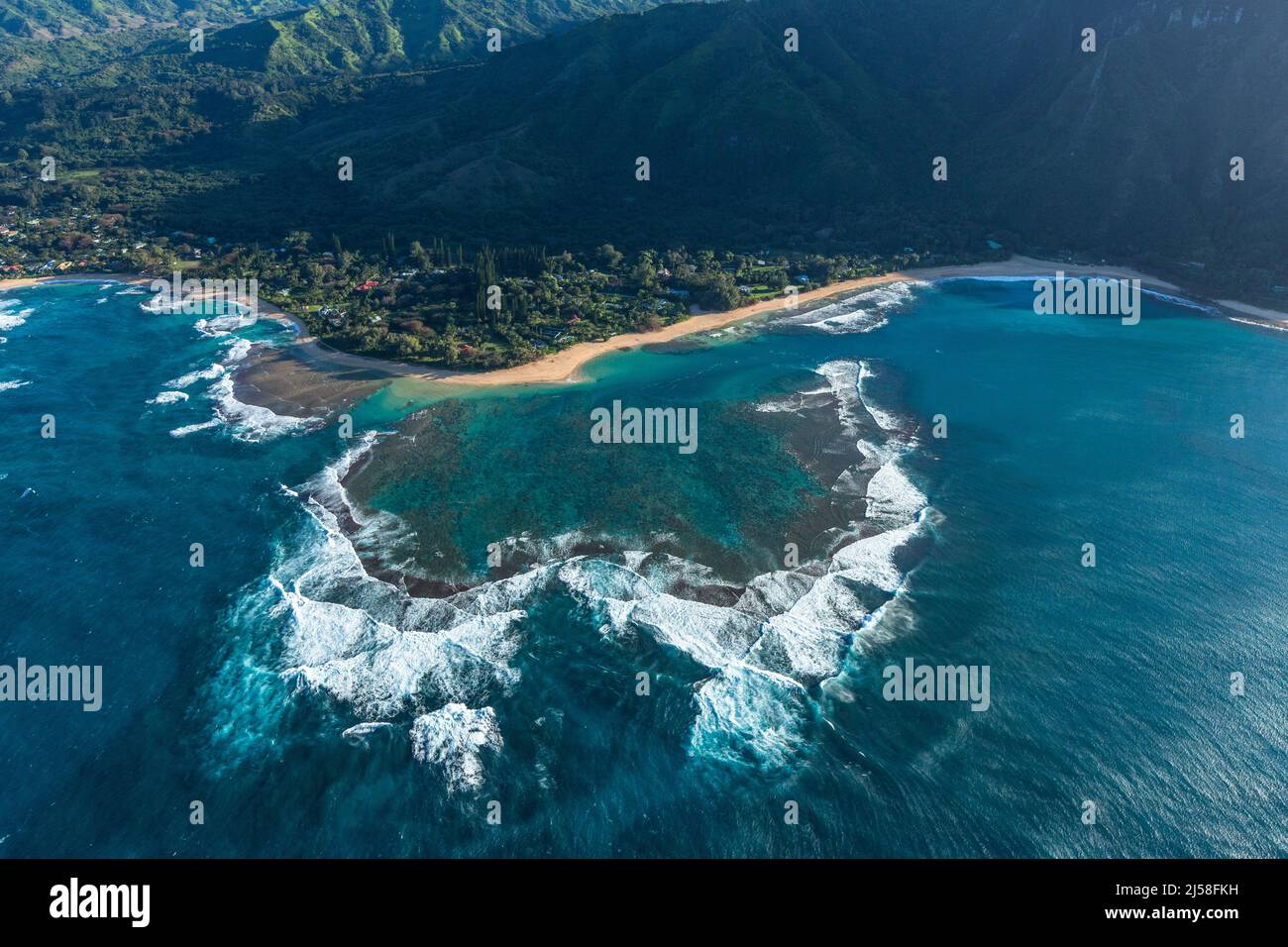 The Makua Reef, Tunnels Beach and the Haena Beach Park on the north shore of Kauai, Hawaii Stock