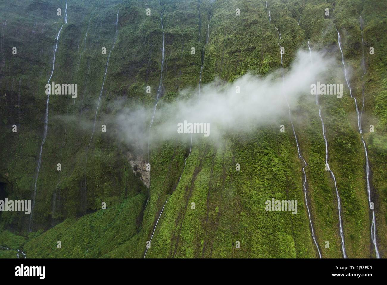 Waterfalls on the Weeping Wall or Wall of Tears plummet thousands of feet down the face of Wai'ale'ale on Kauai, Hawaii.  One of the rainiest spots on Stock Photo