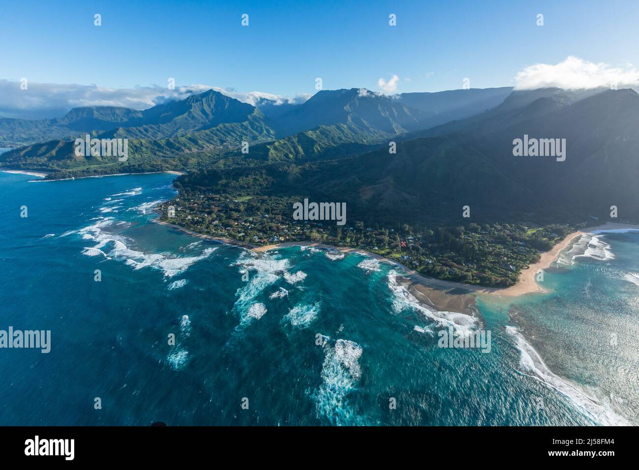 Haina Point, Tunnels Beach, Kepuhi Beach and Wainiha Bay, left, on the island of Kauai, Hawaii. Stock Photo