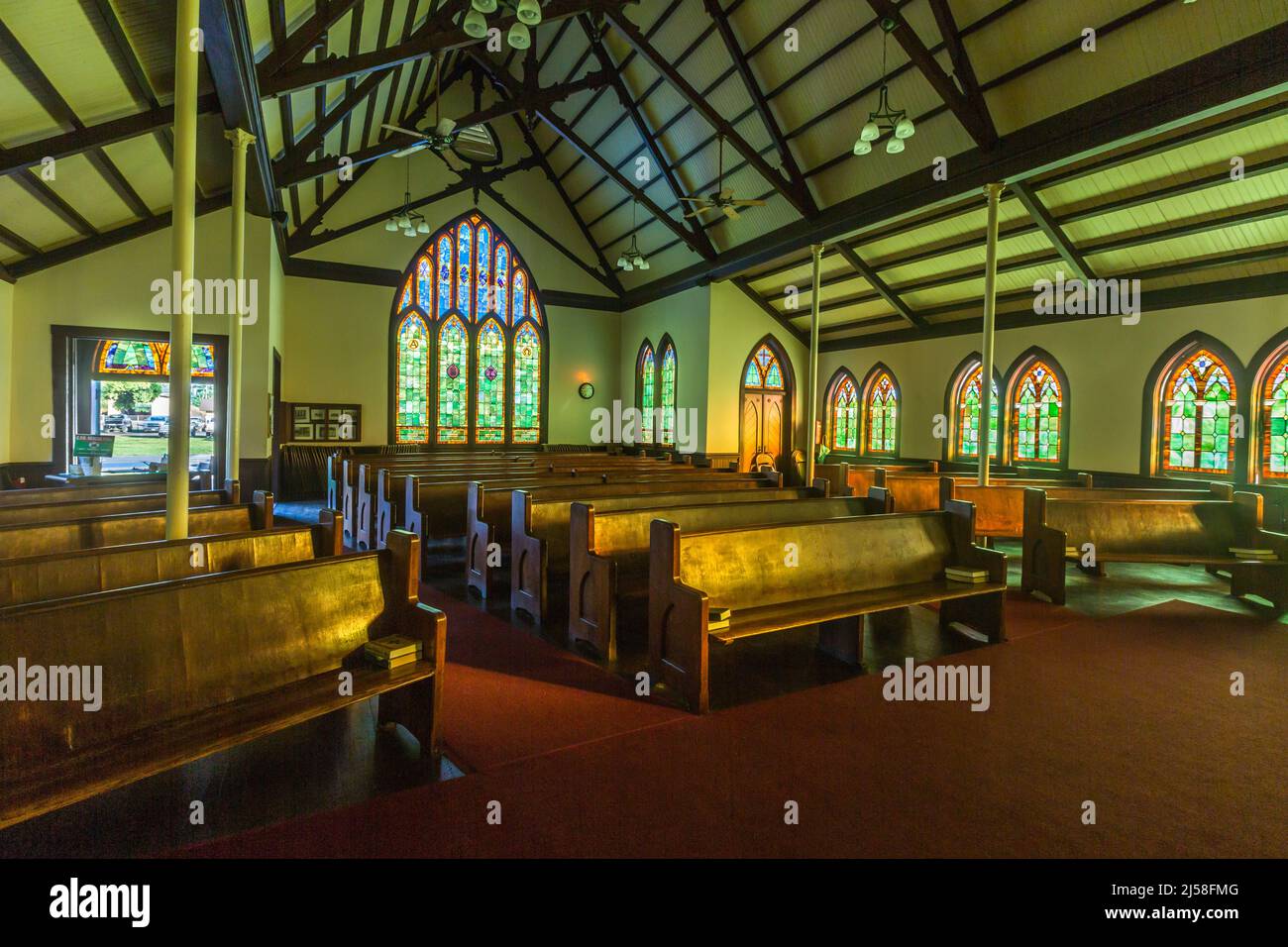 The interior of the historic Wai'oli Hui'ia Church in Hanalei, Kauai, Hawaii, built in 1912 to replace an earlier building and is the oldest church bu Stock Photo