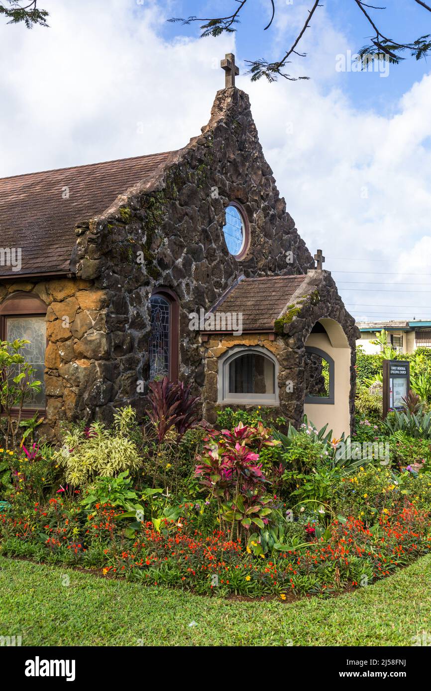 The historic Christ Memorial Episcopal Church in Kilauea, Kauai, Hawaii.  It is built of native stone and was consecrated in 1941. Stock Photo