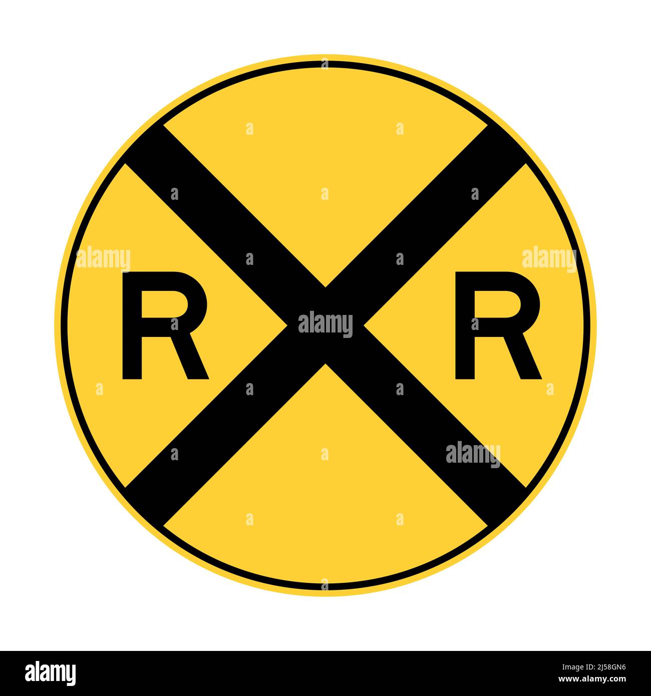 Yellow rail road crossing road sign Stock Photo