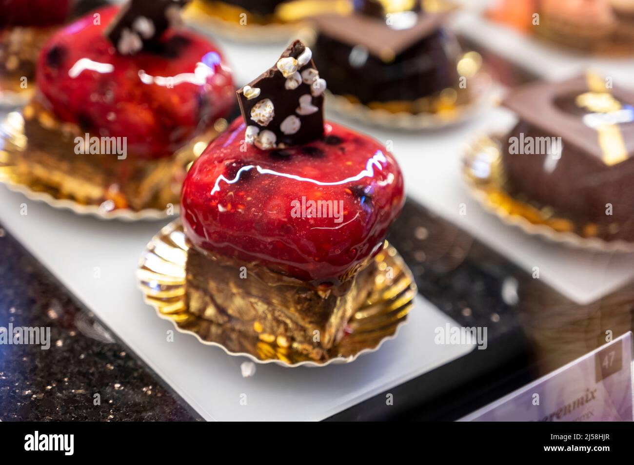 Austrian desserts, different types of chocolate and fruit cakes on