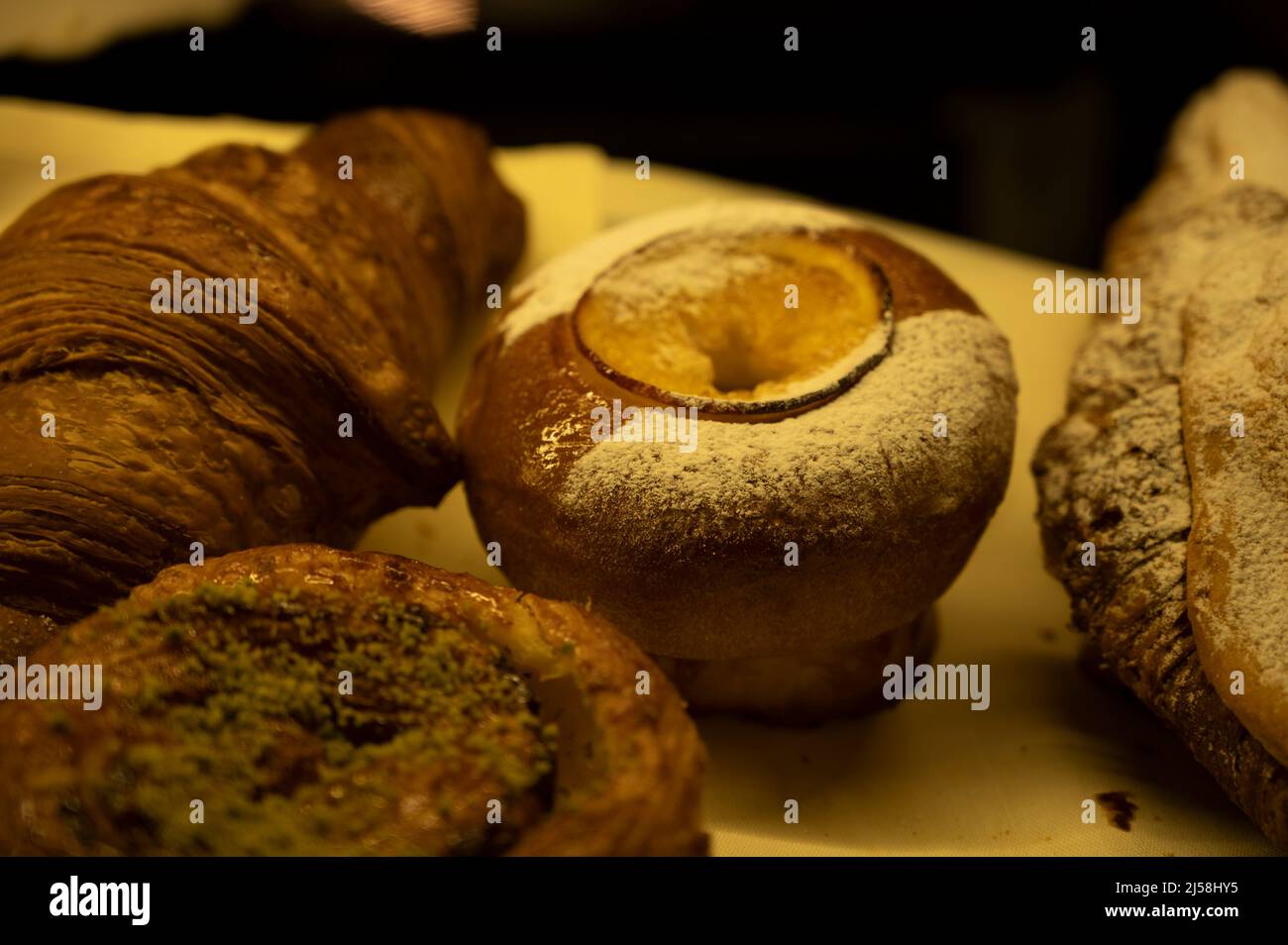 Austrian desserts, puff pastry on display in traditional bakery cafe in