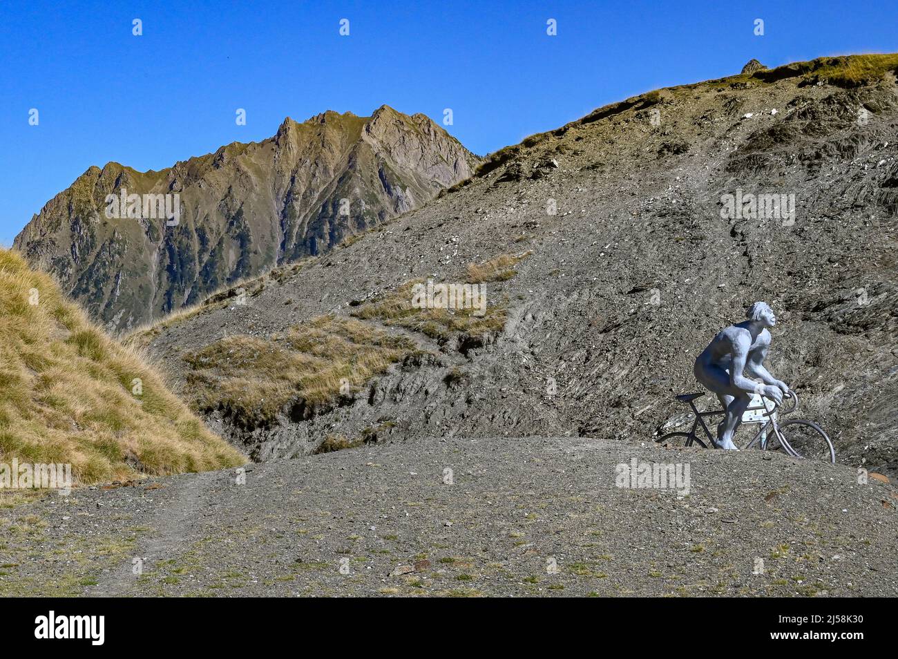 The memorial statue of Octave Lapize at the Col du Tourmalet in the French Pyrenees Stock Photo