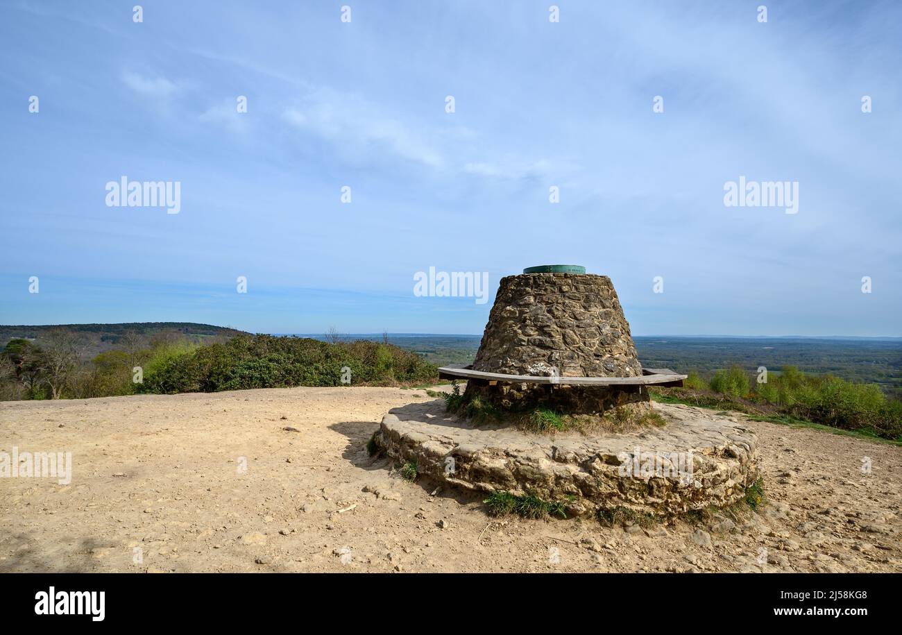 Holmbury Hill, Surrey, UK: The summit marker at the top of Holmbury Hill part of the Surrey Hills Area of Outstanding Natural Beauty. Stock Photo