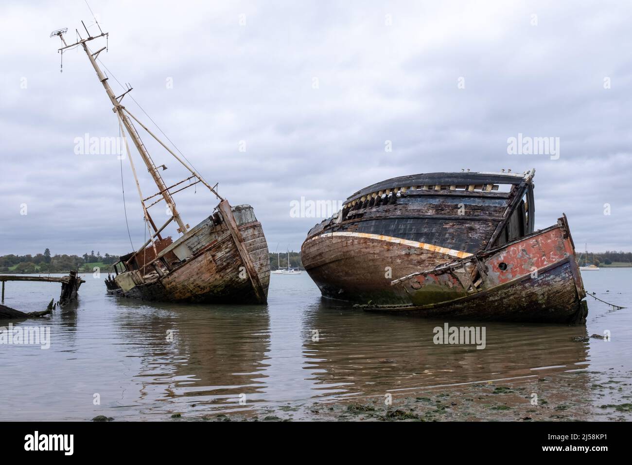 Collection of wooden boat wrecks at the boat 'graveyard' at Pin Mill, along the banks of the River Orwell near to Ipswich in Suffolk, England. Stock Photo