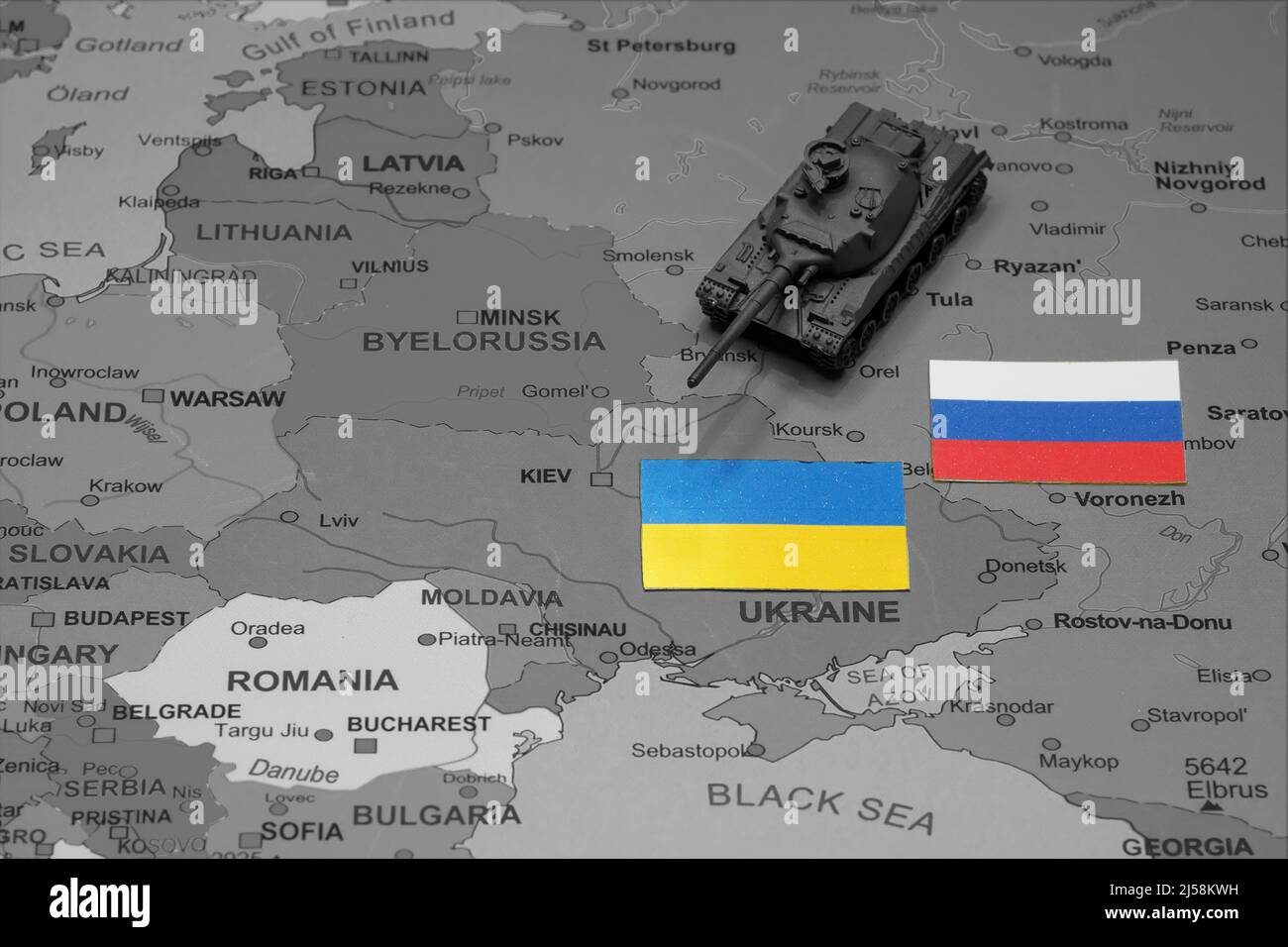 Toy tank on the map. Military operations in Ukraine. Stock Photo
