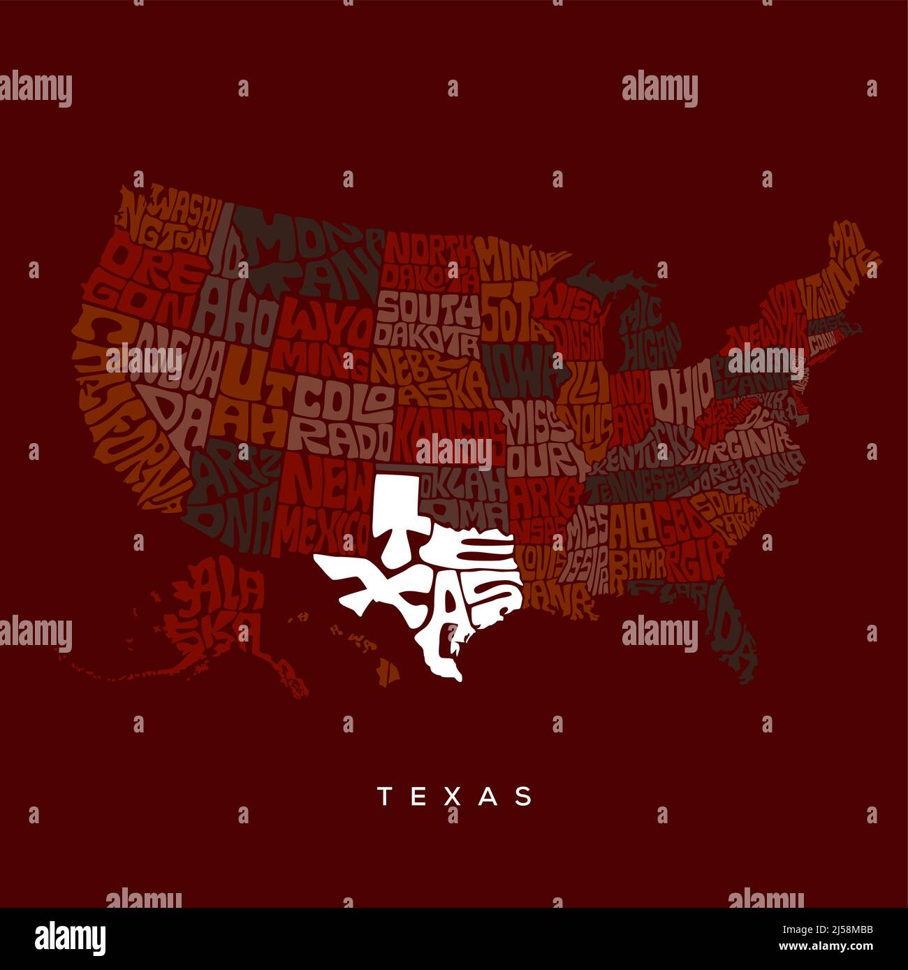 Texas Map typography. US map typography with all states name typography. Stock Vector