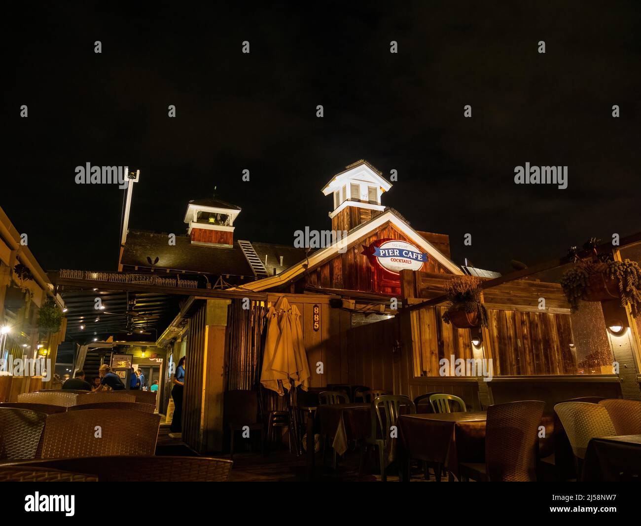 San Diego, AUG 2 2014 - Night exterior view of the Pier cafe in Seaport Village Stock Photo