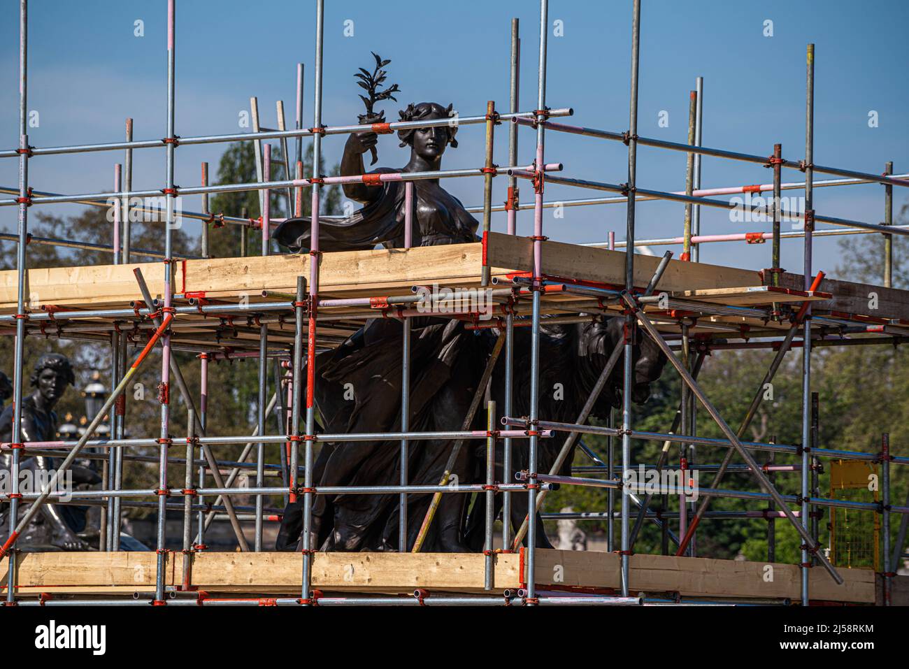 21 April 2022. Scaffolding covering the memorial dedicated to Queen