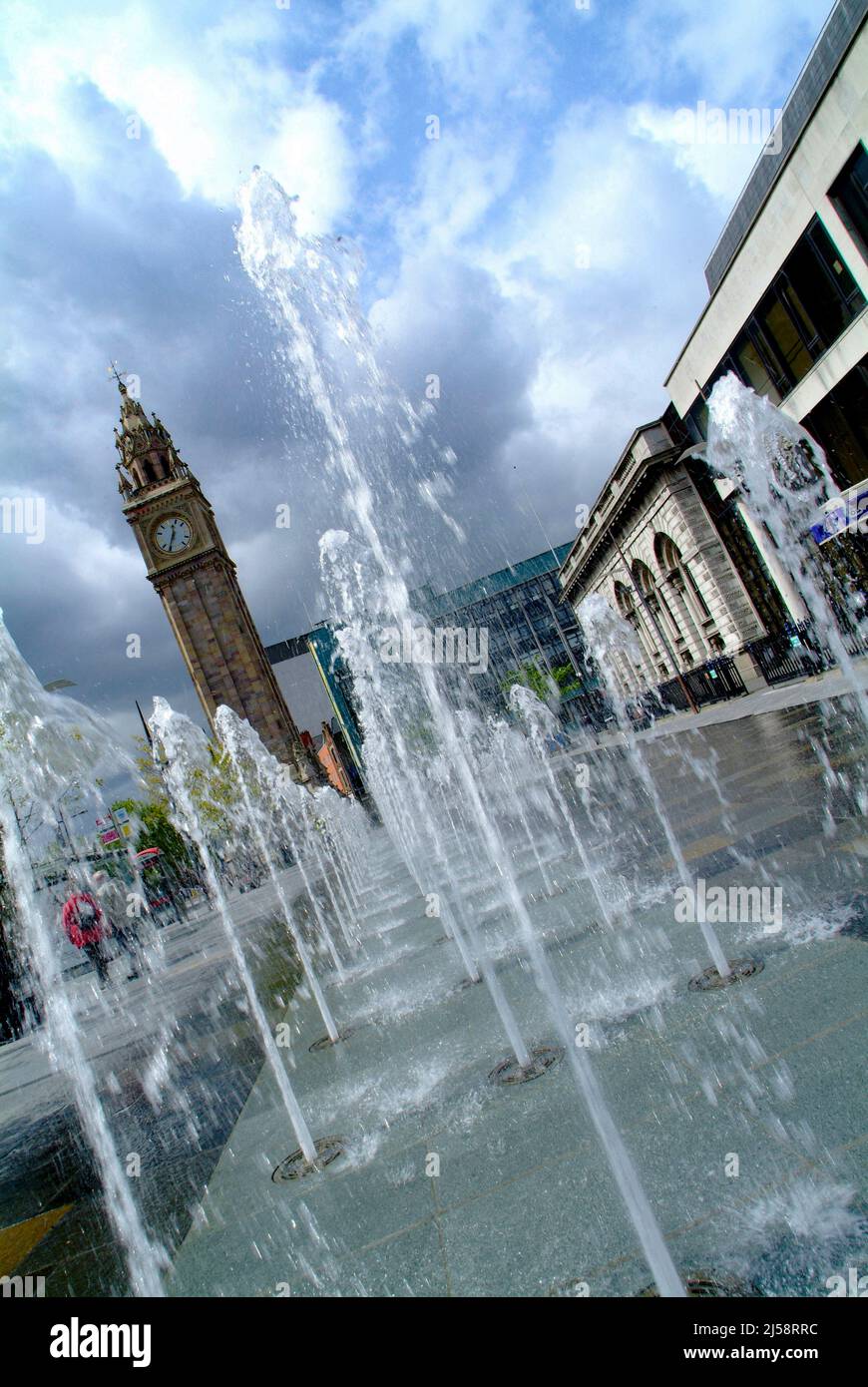 Water fountains at the Albert Clock, Belfast, Northern Ireland Stock