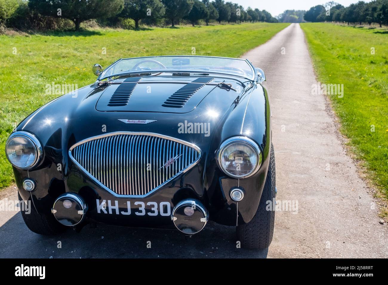 A black 1955 Austin Healey 100, Le Mans 'M' spec, with screen folded down in racing mode, Candover Valley, Hampshire, UK Stock Photo