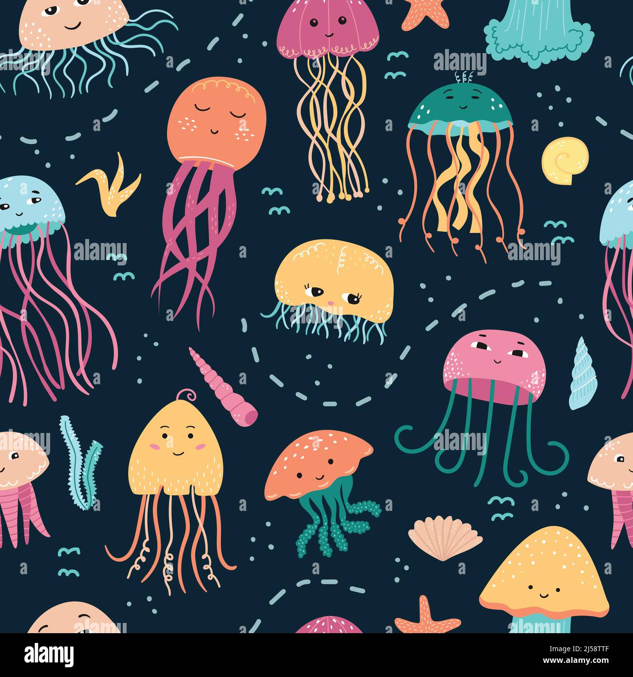 Vector seamless pattern with jellyfish, algae and shells in cartoon ...