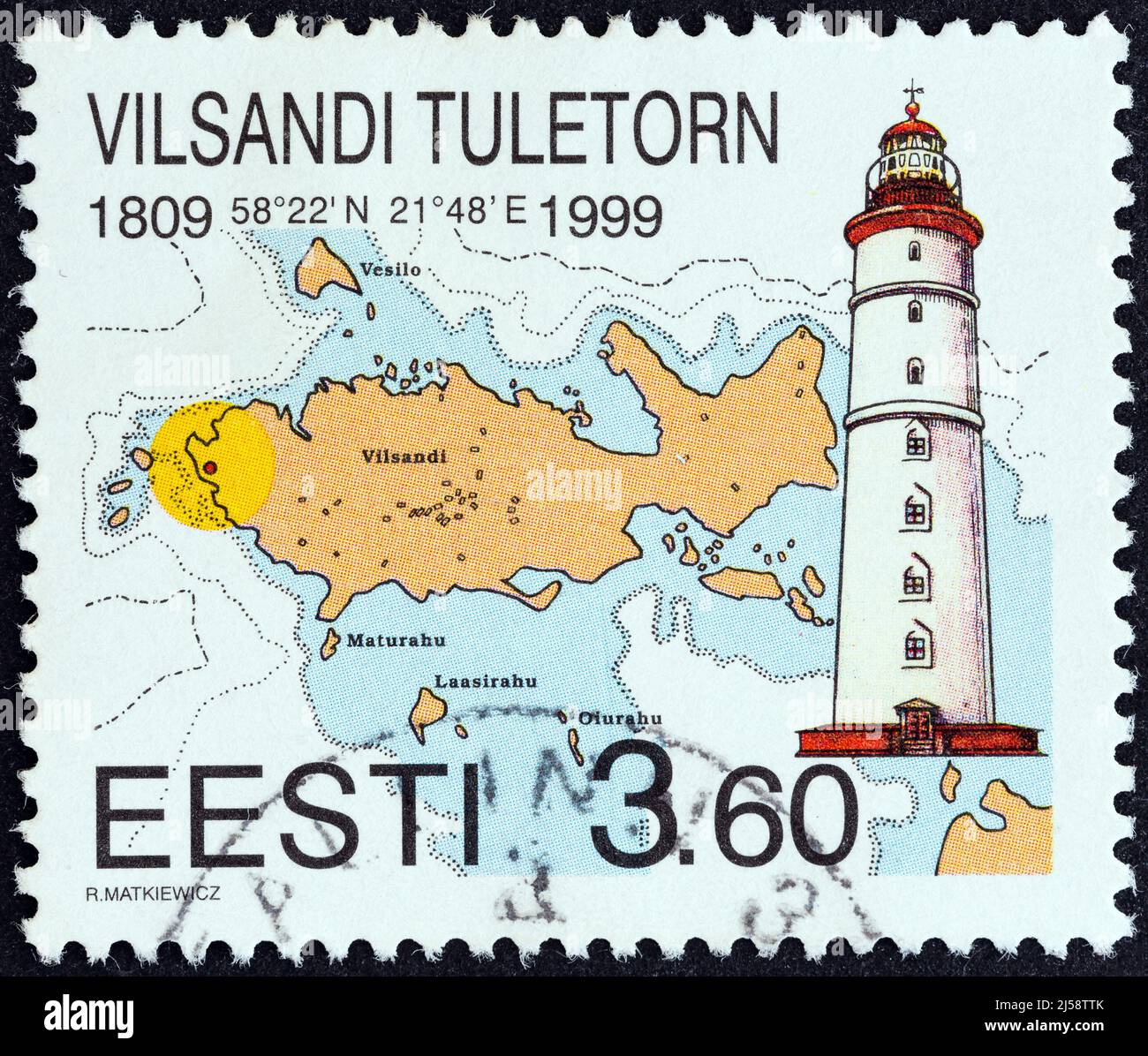 ESTONIA - CIRCA 1999: A stamp printed in Estonia shows Vilsandi Lighthouse and nautical chart, circa 1999. Stock Photo