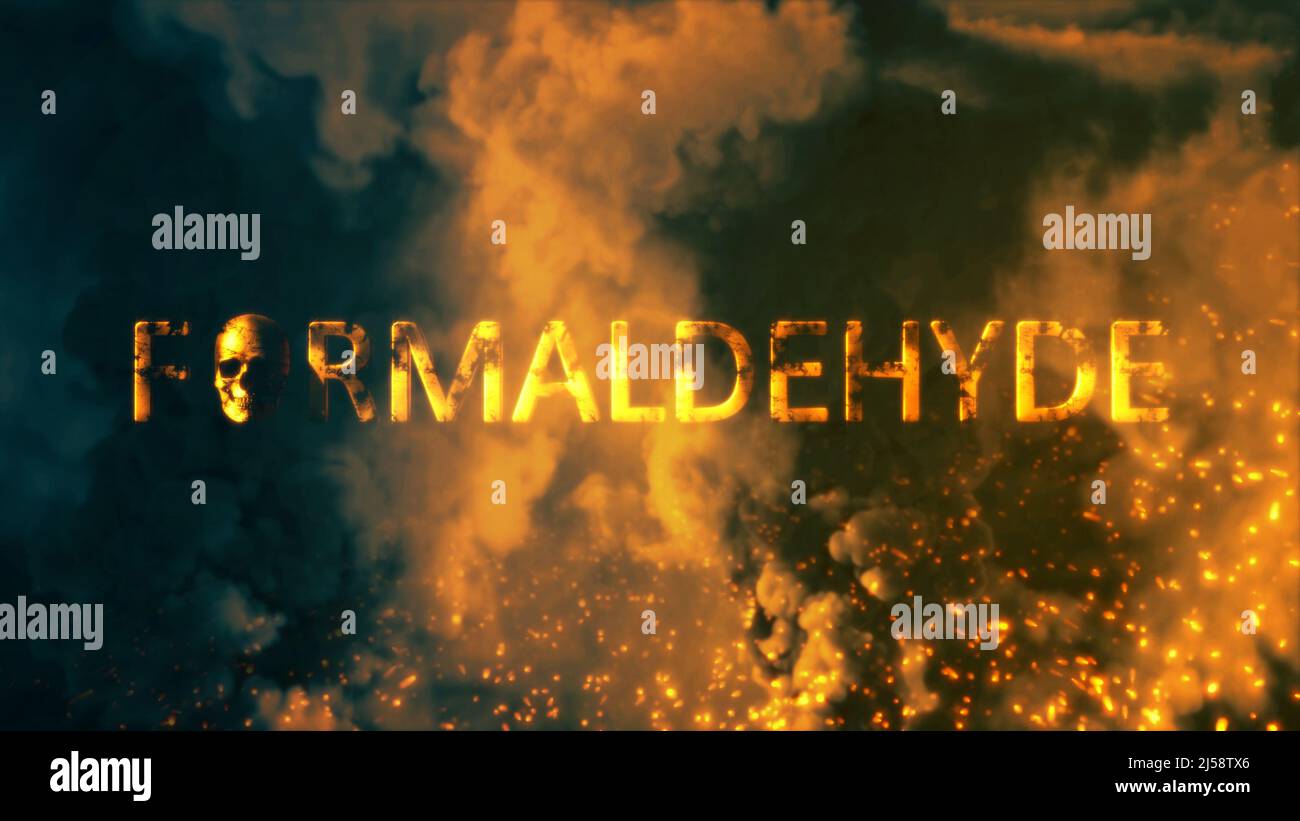 Text formaldehyde with man skull on bg with fire flames and smoke - industrial 3D illustration Stock Photo
