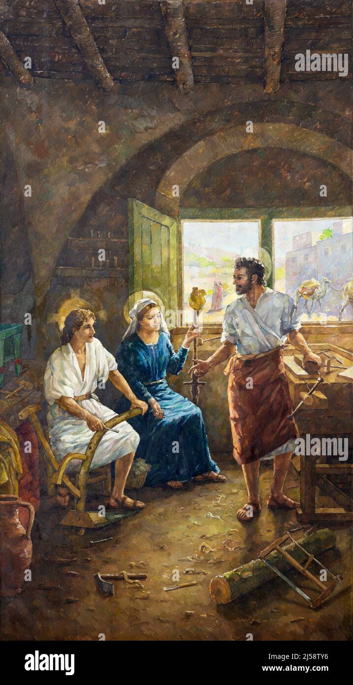 VALENCIA, SPAIN - FEBRUAR 17, 2022: The painting of Holy Family in the church Iglesia de Buen Pastor by I. Bellver Delmáy (1958). Stock Photo