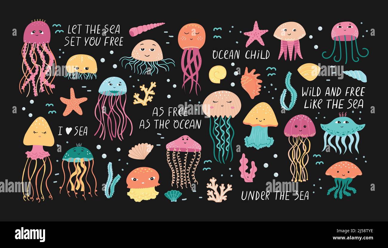 Vector set of illustrations of jellyfish and algae with shells in cartoon style. Stock Vector