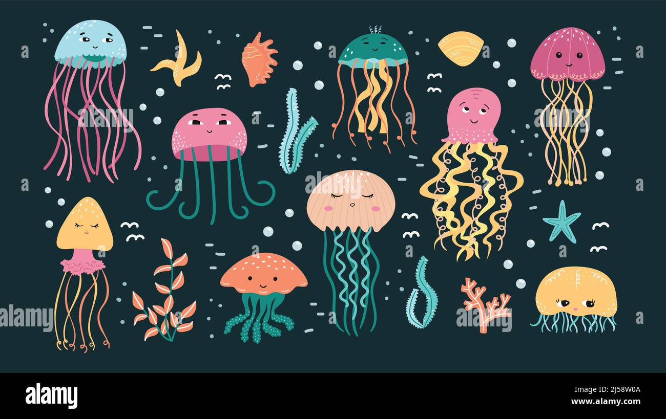 Vector set of illustrations of jellyfish and algae with shells in cartoon style. Stock Vector
