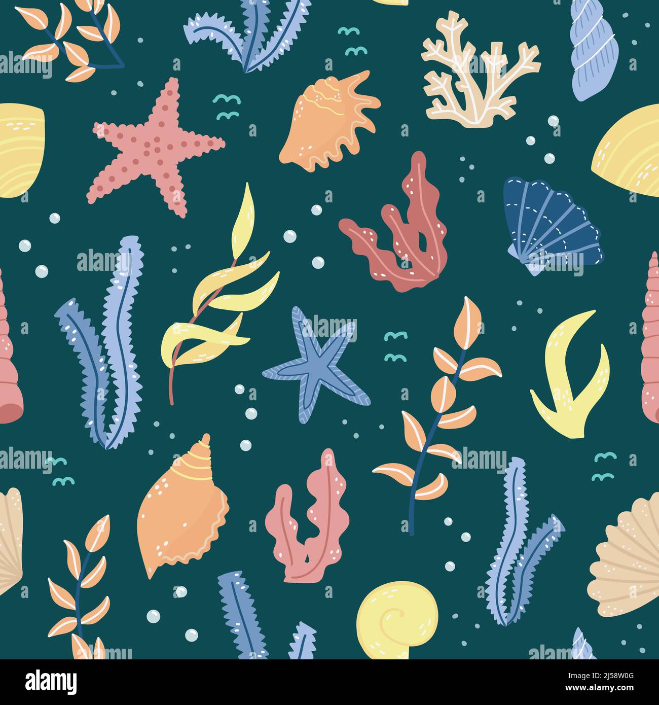 Vector seamless pattern with algae and shells in cartoon style. Stock Vector