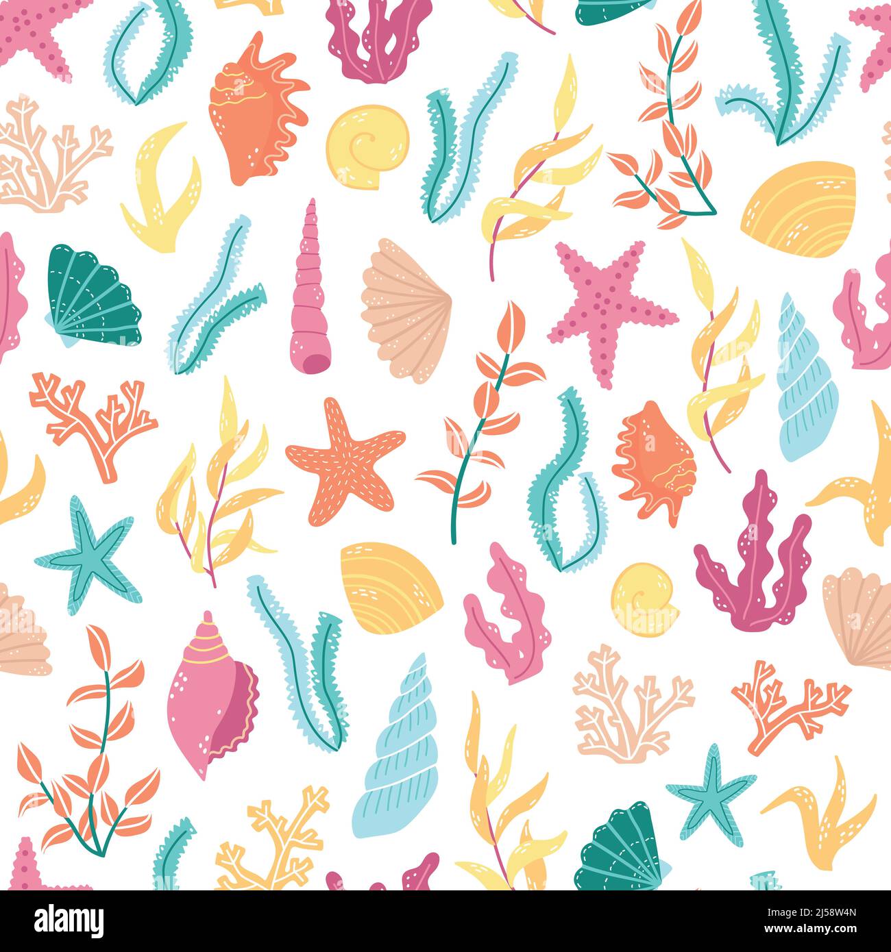 Vector seamless pattern with algae and shells in cartoon style. Stock Vector