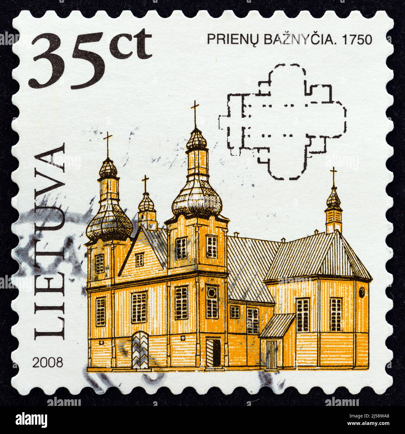 LITHUANIA - CIRCA 2008: A stamp printed in Lithuania from the "Wooden Sacral Architecture in Lithuania" issue shows the church of Prienai, 1750. Stock Photo