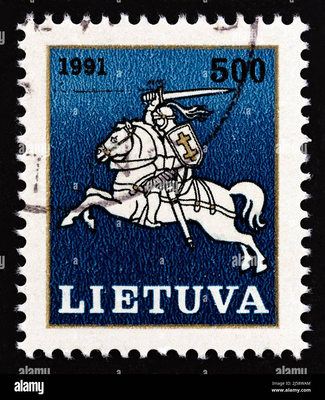 LITHUANIA - CIRCA 1991: A stamp printed in Lithuania shows state arms, Vytis, circa 1991. Stock Photo