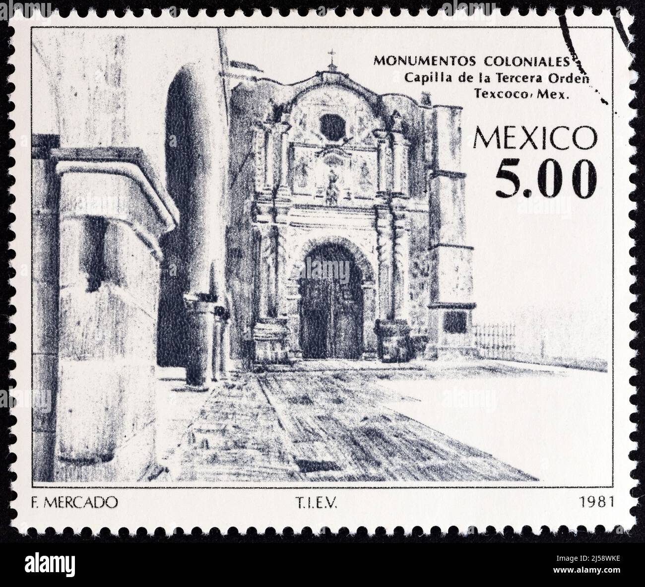 MEXICO - CIRCA 1981: A stamp printed in Mexico from the 'Colonial Architecture ' issue shows Chapel of the Third Order, Texcoco, circa 1981. Stock Photo