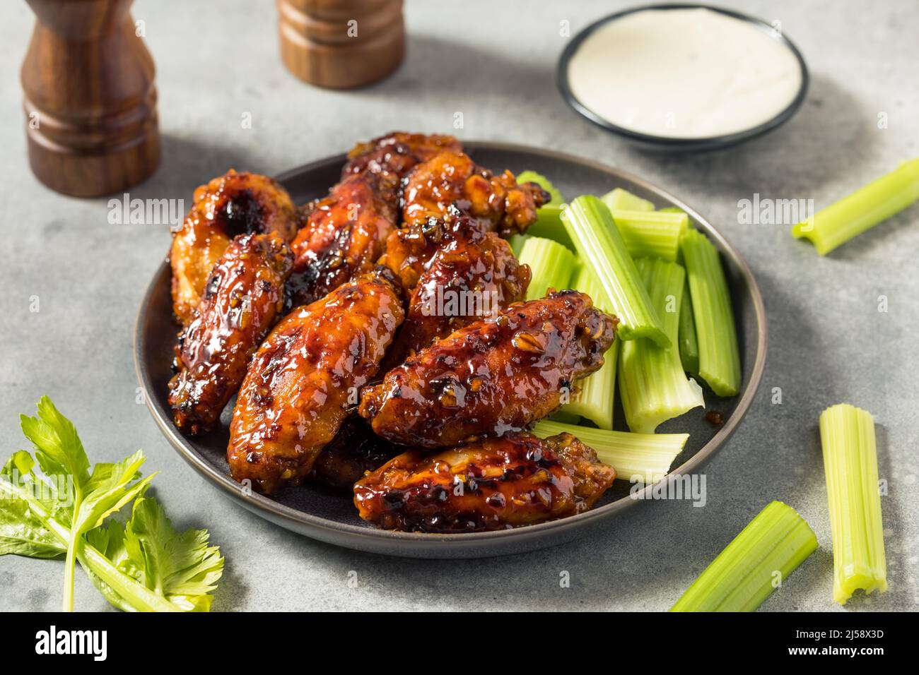 Homemade Asian Honey Garlic Chicken Wings with Dipping Sauce Stock