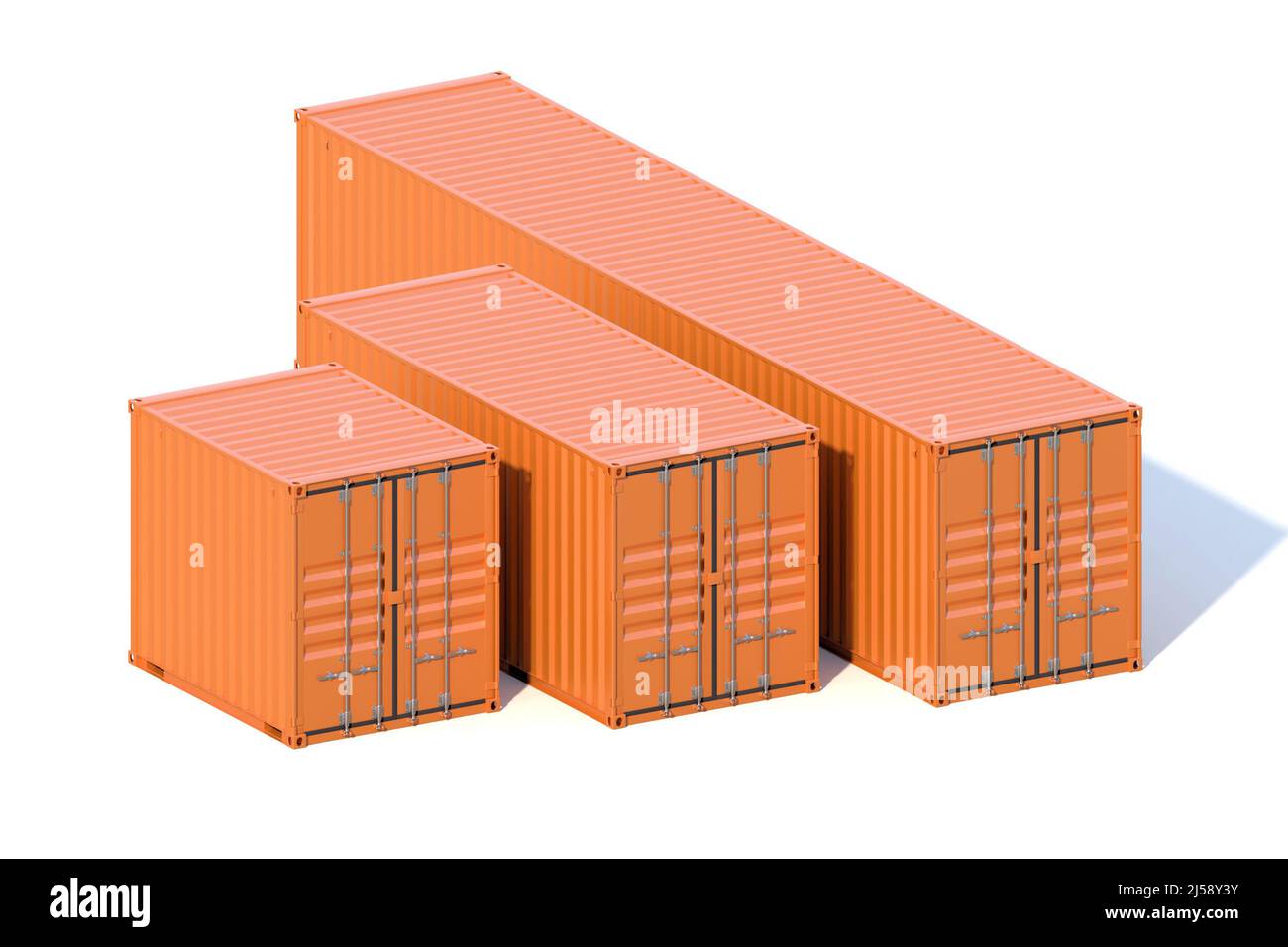 Set of 3 ship cargo containers 10 20 40 feet length. Brown metallic freight box isolated on white background. Marine logistics, harbor warehouse, cust Stock Photo
