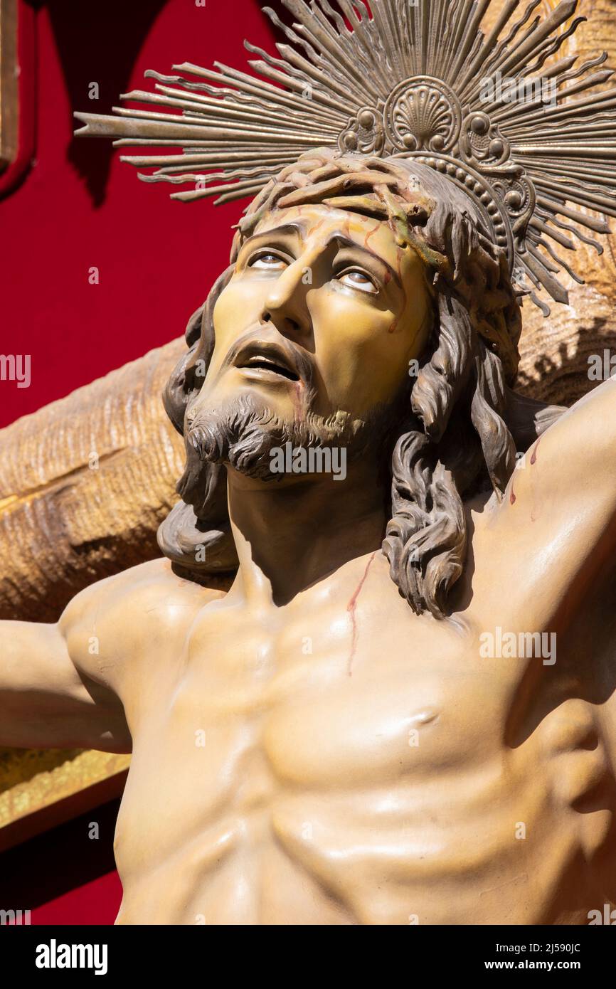 VALENCIA, SPAIN - FEBRUAR 17, 2022: The detail of  Crucifixion statue in the church Basilica de San Vicente Ferrer by  Carmelo Vicent Suria Stock Photo