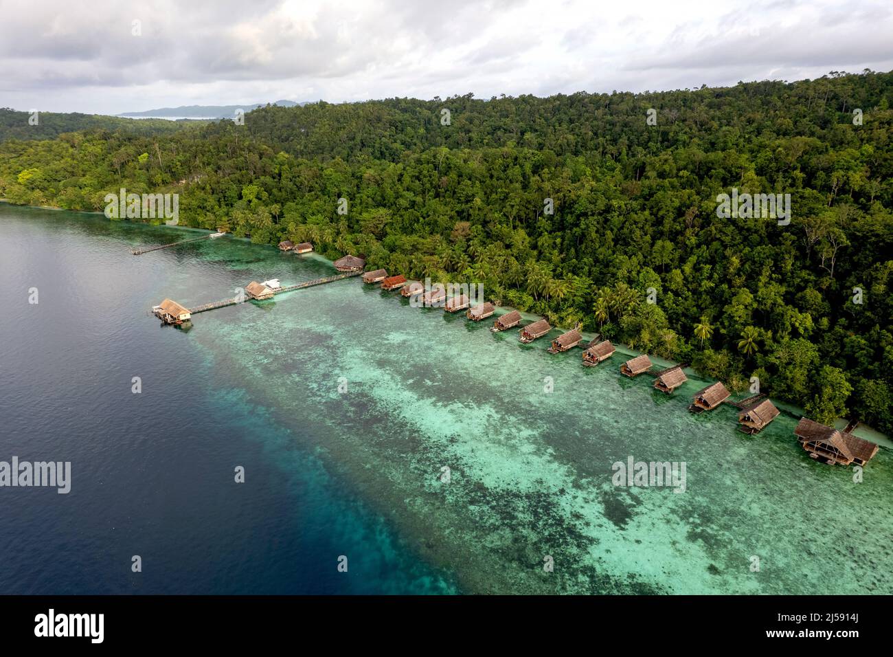 Aerial view of Gam Island and Papua Explorers Resort, Raja Ampat Indonesia. Stock Photo