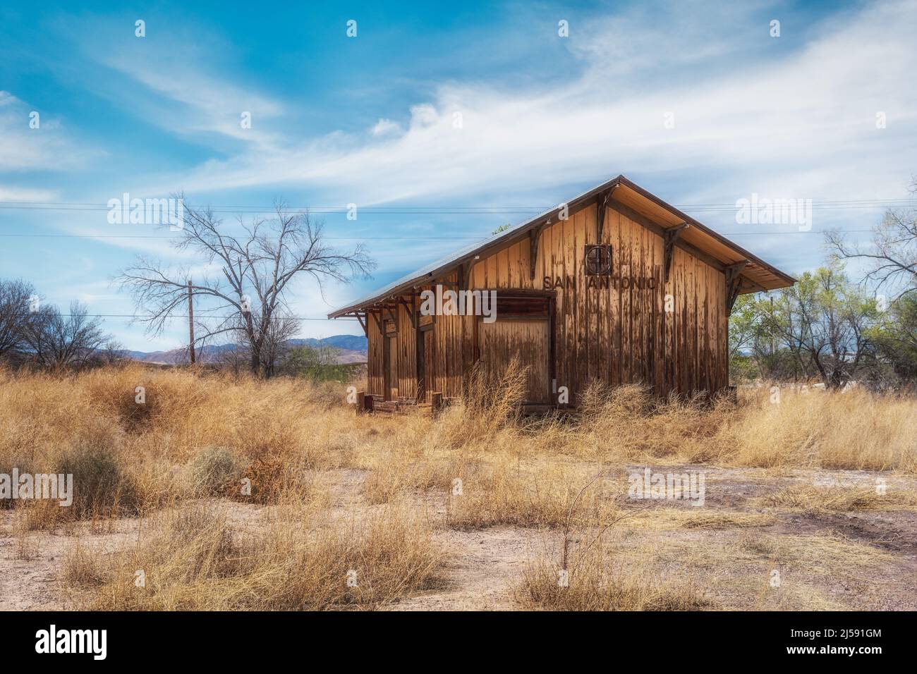 Abandoned Santa Fe Railroad Depot in San Antonio, New Mexico, USA Stock Photo