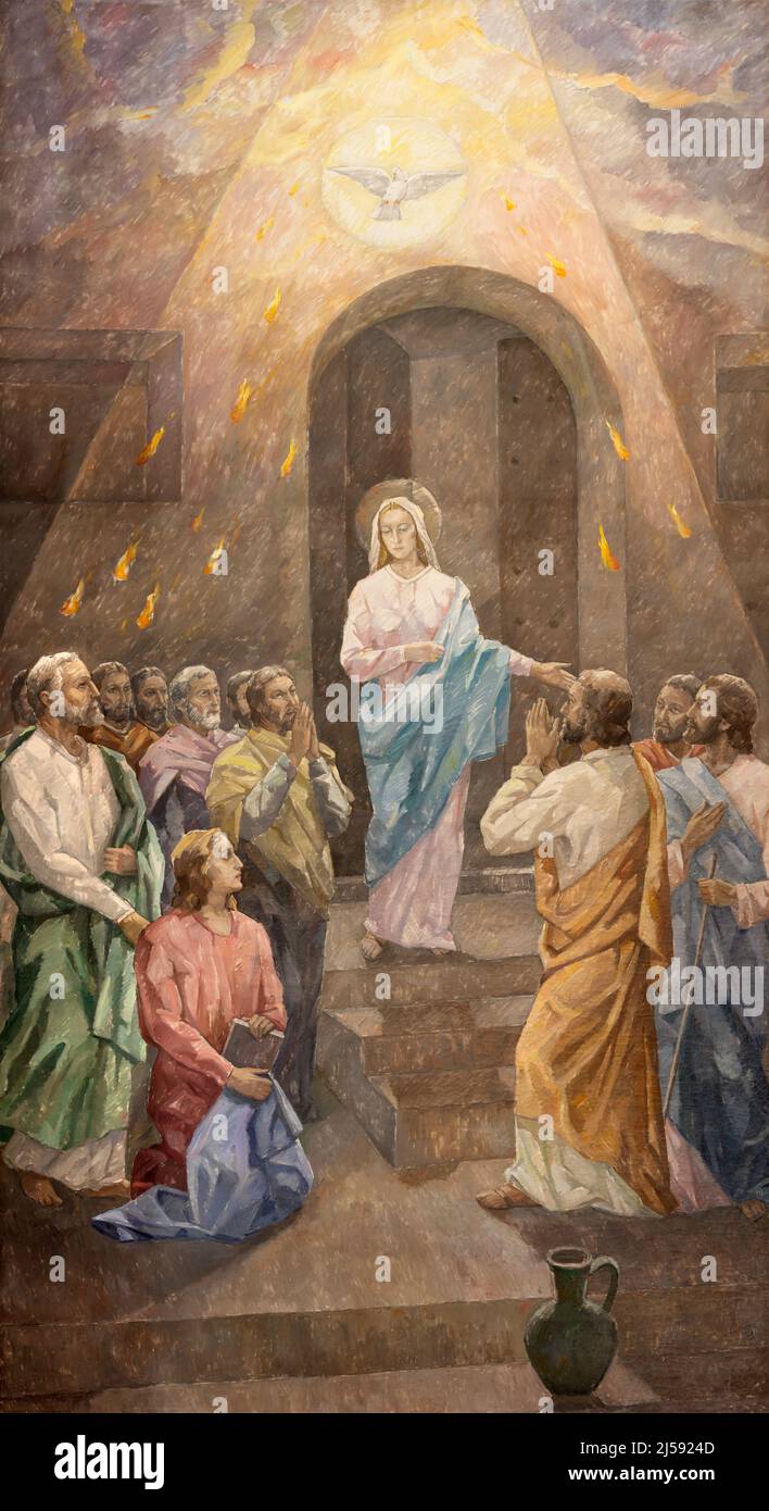 VALENCIA, SPAIN - FEBRUAR 14, 2022: The painting of Pentecost in the church Iglesia San Francisco de Borja by Miguel Vaguer (1973). Stock Photo