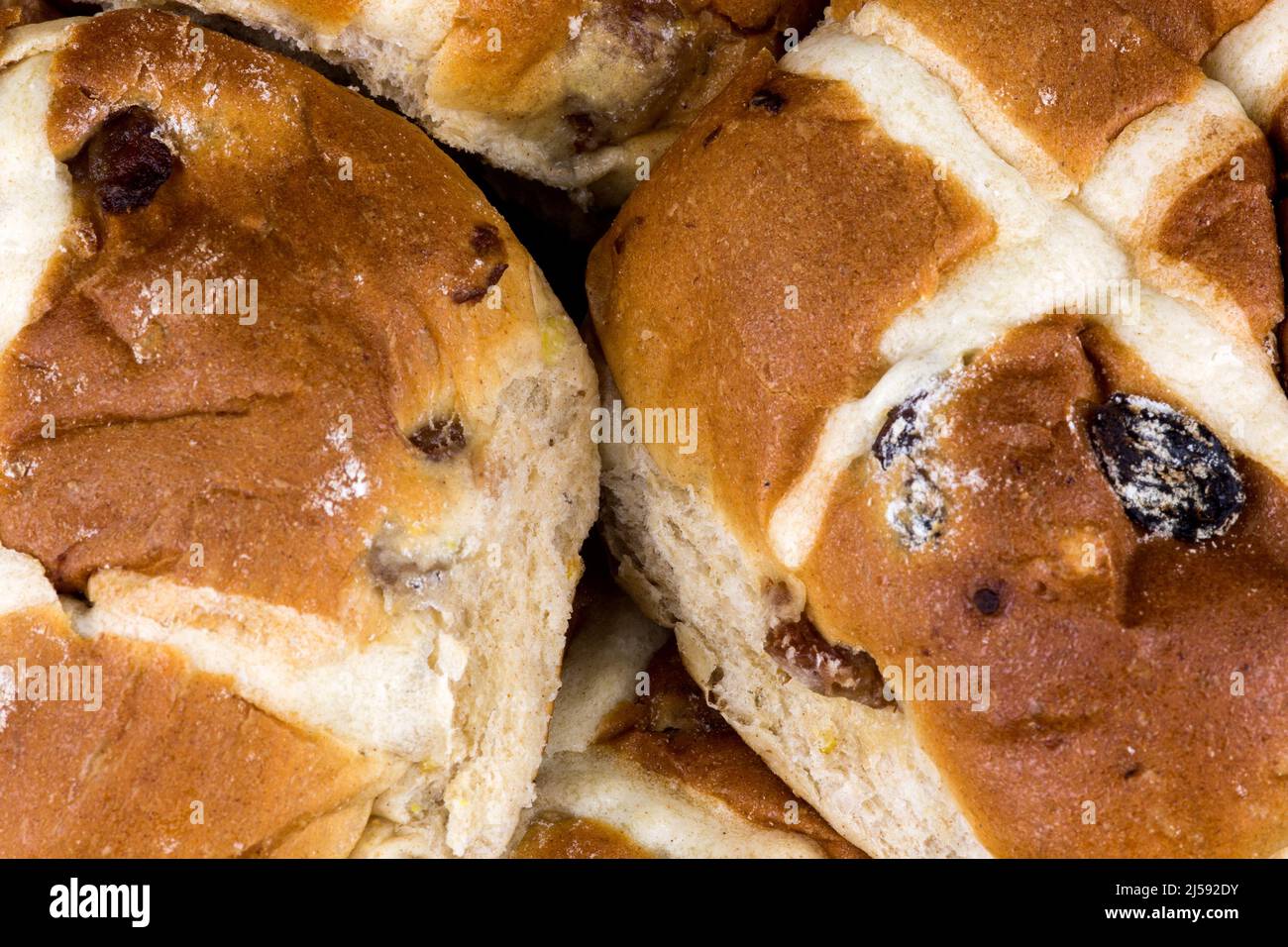 Closeup view of a pile of Easter hot cross buns Stock Photo