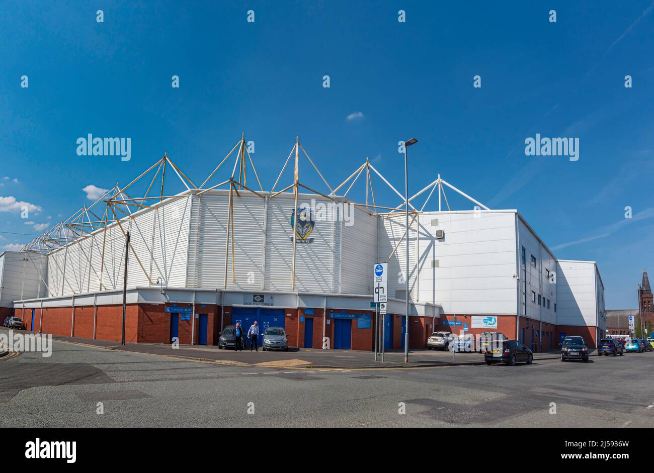Warrington Wolves rugby league team stadium the Halliwell Jones stadium in Warrington. Also known historically as the Wires. Stock Photo