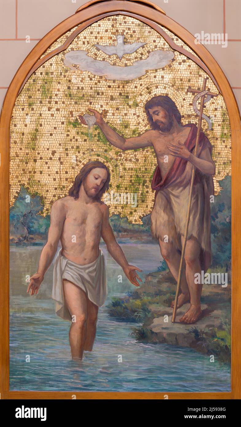 BARI, ITALY - MARCH 3, 2022: The fresco of Baptism of Jesus in the  church Chiesa dell Immacolata by Umberto Colona (1956). Stock Photo