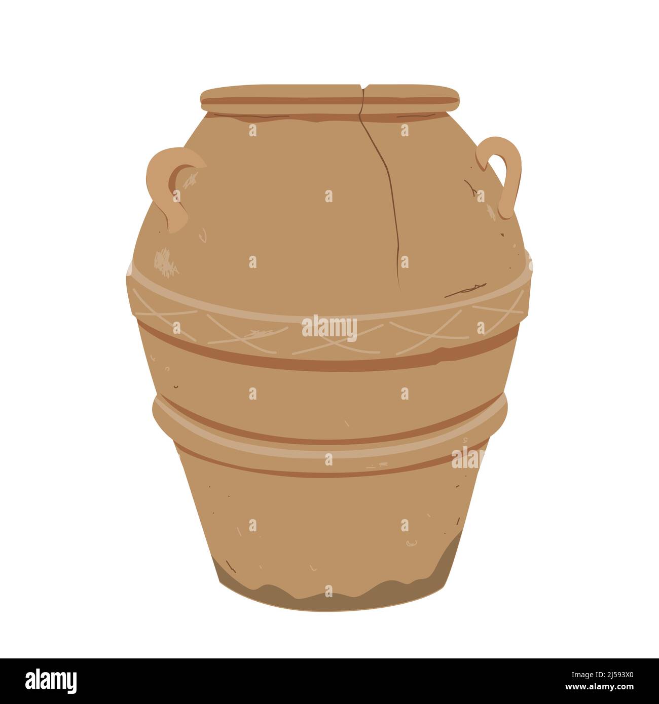 Old clay pot. Antique terracotta pottery, design element for home or patio decor. Vector illustration isolated on white. Stock Vector