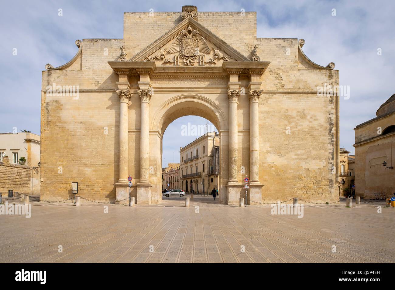 Porta Napoli is a triumphal arch city gate of Lecce, which marks the entrance to the historic center of the city together with the other two existing Stock Photo