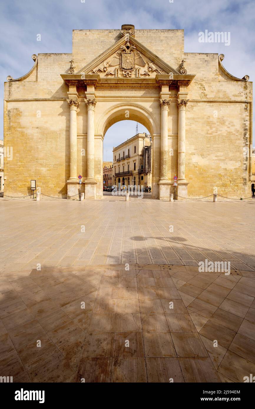 Porta Napoli is a triumphal arch city gate of Lecce, which marks the entrance to the historic center of the city together with the other two existing Stock Photo