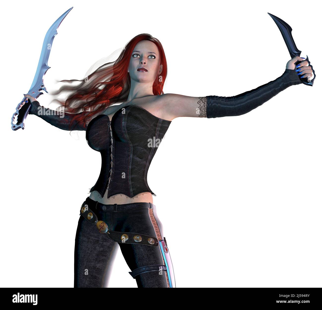 fantasy Warrior girl, armed with swords, 3d illustration Stock Photo