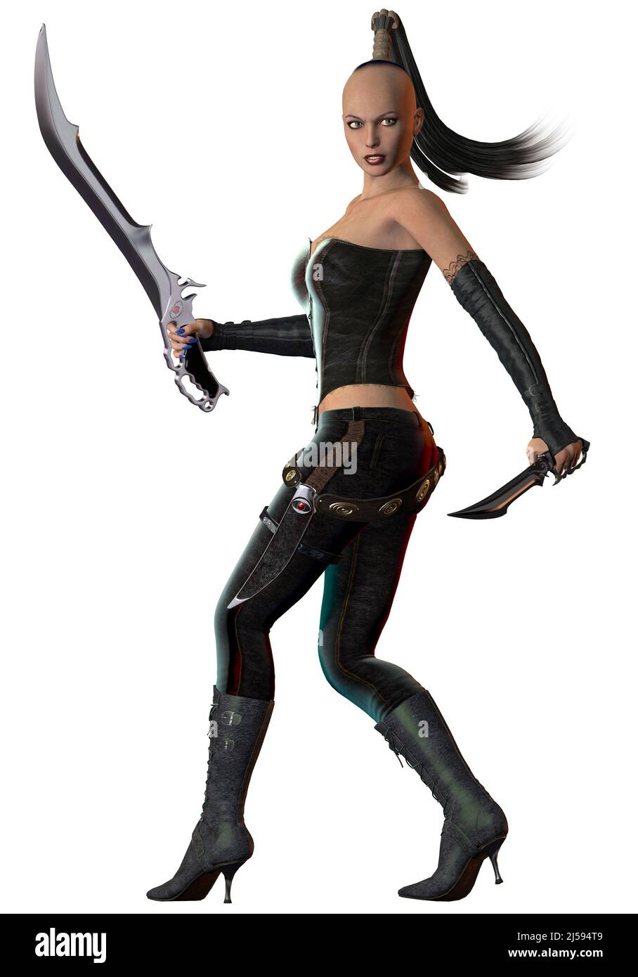 fantasy Warrior girl, armed with swords, 3d illustration Stock Photo