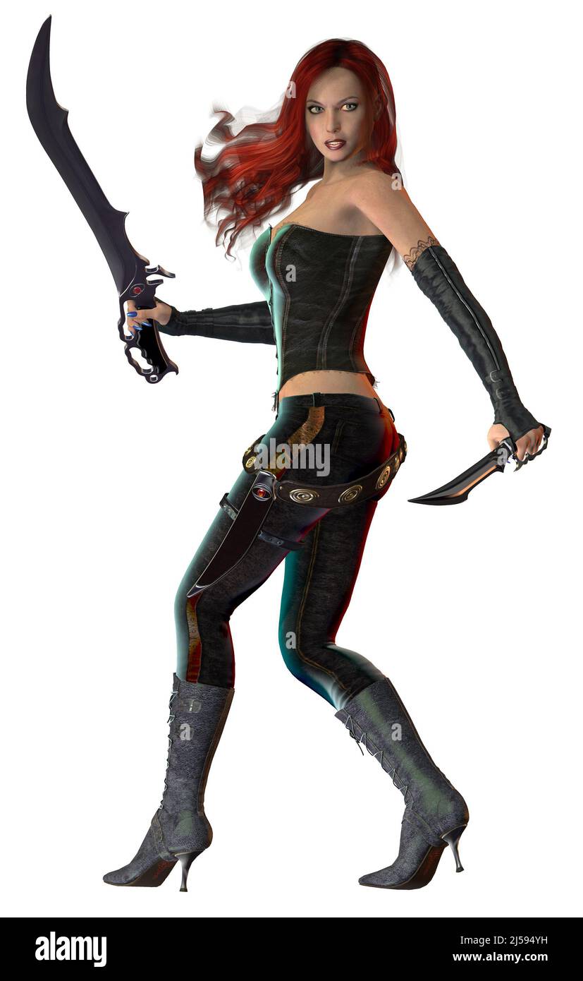 fantasy Warrior girl, armed with swords, 3d illustration Stock Photo