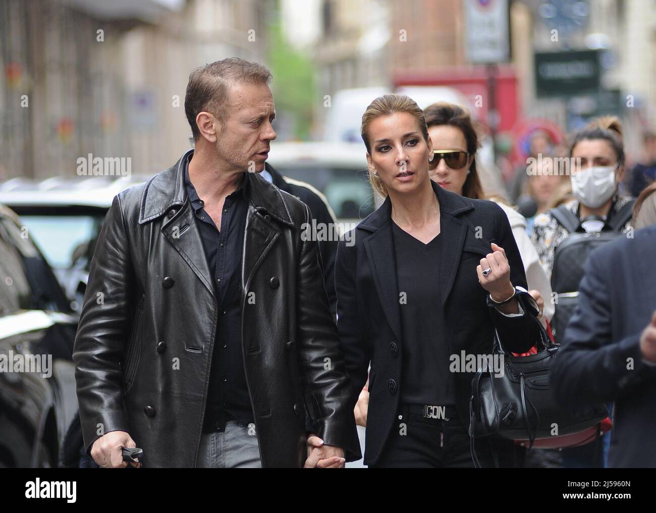 Milan, . 21st Apr, 2022. Milan, 21-04-2022 Rocco Siffredi after having  lunch with his wife ROSA CARACCIOLO at the "Salumaio di Montenapoleone"  takes a walk along the streets of the quadrilateral, then